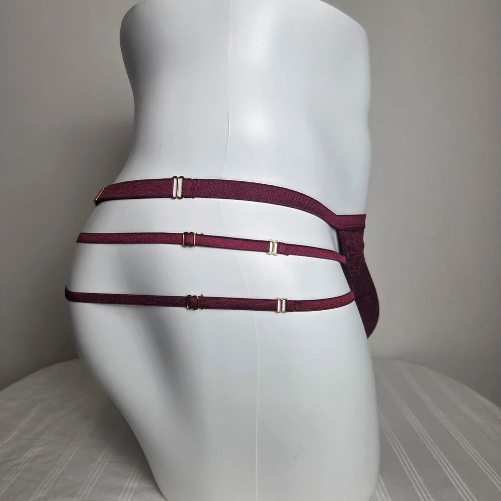 Cosabella Mens Bordeaux Floral Lace Triple Strap Adjustable Thong Underwear Vino